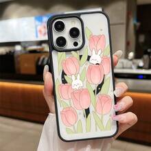 High-Quality Macaron Acrylic Magnetic Phone Case,Magical Pink Tulips with Adorable White Rabbits Magnetic Charging Phonecase Handy Case, Handy Cover For  11 12 13 14 15 16 17 17 Air 17 Pro 17 Pro Max Shock Resistant Protective Case - Gris - Ver 3