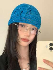 Women's Crochet Cap With Floral Accents, Cute And Sheer, Simple Design For Spring And Summer, Beige - Black - View 10