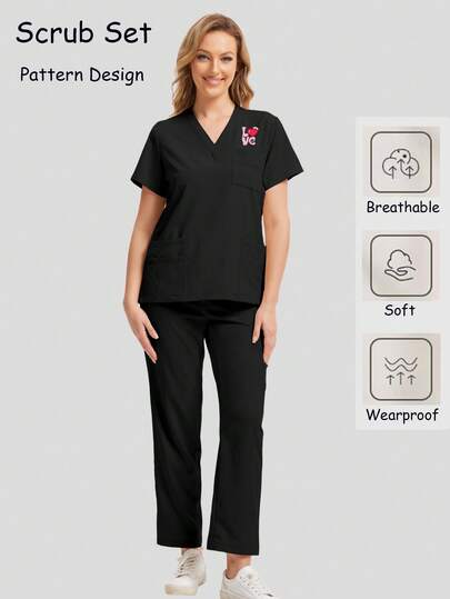 Nursing Working Uniform Women's Cool Casual Scrub Set With Multiple Pockets And Pattern