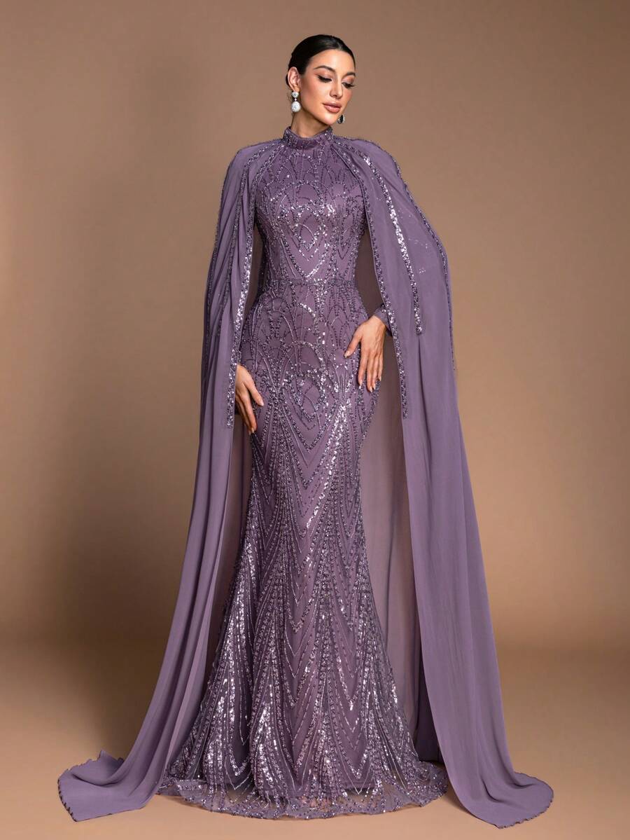 Purple Sequin Mermaid Evening Gown, High Collar Pearl Embellished Dress, Tulle Shawl Design Long Formal Gown, Hostess Aura Luxury Sequin Maxi Dress, Elegant Floor-Length Banquet Dress For Women - 深紫色 - 查看 1