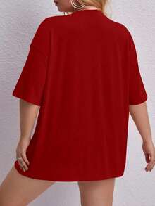 Oversized Printed Aloha Flower T-Shirt, Summer/Spring Short Sleeve Blouse, Lightweight Gym Wear - Red - View 2