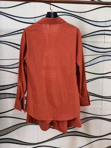 Linen Shirt And Shorts Set (2 Pieces) - Coral Pink - View 4