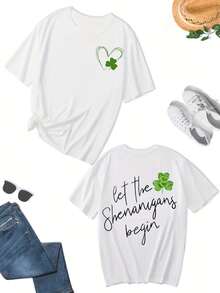 Clover Print Shirt, St. Patrick's Day Casual Round Neck Short Sleeve Shirt, Women's Clothing - 白色 - 查看 3