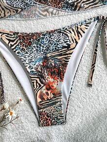 波西米亚风斑马纹豹纹加大码吊带比基尼泳衣，侧边系带丁字裤，高弹力半透明 - 霧霾藍 - 查看 3