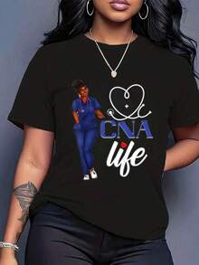 Women T Shirt CNA Life Nurse Graphic Print Short Sleeve Round Neck Casual Tee For Healthcare Workers - 黑色21 - 查看 1