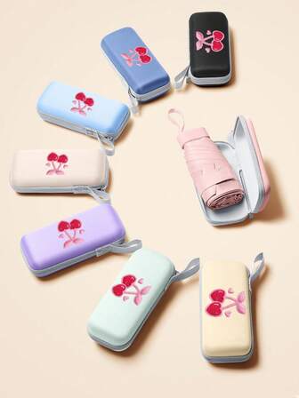 1pc Cherry Heart Mini Portable Sunshade Umbrella, UV Protection And Rain Umbrella, Foldable With Carrying Case, Suitable For School, Office, Home, Travel, Gifts For Boys, Valentine's Day, Holidays, Birthdays, New Year, Teacher's Day, Father's Day, Mother's Day