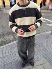 Men's Colorblock Striped Crew Neck Pullover Sweater, Minimalist High Street Style, Autumn/Winter - 灰色 - 查看 1