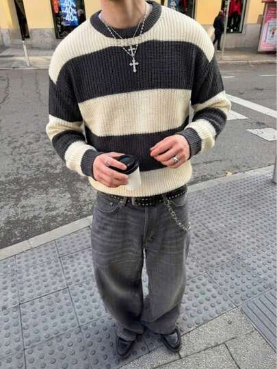  ANDREILEE Suéter de cuello redondo con bloques de color y rayas para otoño/invierno, suéter de punto de estilo minimalista y de alta calle para hombres