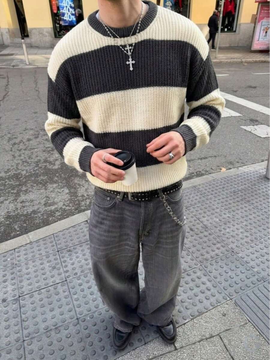 Men's Colorblock Striped Crew Neck Pullover Sweater, Minimalist High Street Style, Autumn/Winter - 灰色 - 查看 1