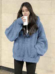 Drawstring Hooded Sweatshirt Style Plush Coat, Versatile European And American YK2 Style Fashionable Casual Versatile Women's Hooded Warm Cardigan Plush Top, Sweet And Spicy Style Jacket, High-End Feel, Warm Autumn And Winter New Street College Style Comfortable And Warm Plush Coat Women's Long-Sleeved Top, Spring And Autumn New Arrivals Outing Top, Cotton Women's Top, Women's Street Clothing Sports Top Women's Clothing, Casual And Comfortable Silhouette, Soft And Warm Fur, Blue Top, Autumn And Winter New Fleece-Lined, Jacket, Abrigos Mujer De Invierno, Plumifero Mujer, Anorak De Mujer, Abrigos Mujer De Invierno>Elegante, Plumas Mujer Abrigo, μπουφάν, Winterjas, Bodywarmer, Abrigo, Giubbotto Donna Invernale Curvy, Outfit Capodanno, Solid Color, Loose Fit Fashionable Women's Top - Blue - View 2