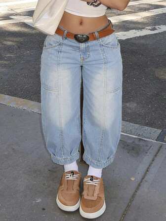 女式口袋宽松喇叭牛仔裤，百搭休闲
