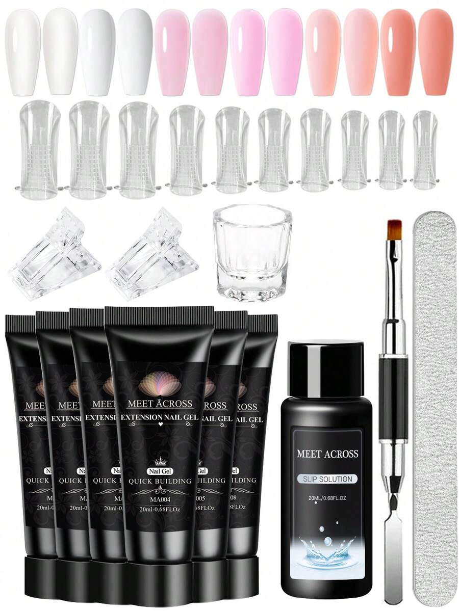 MEET ACROSS 13pcs Nail Extension Gel Kit, Clear White Nude Pink Poly Extension Gel With Slip Solution Dual Forms Nail Brush Clips, Perfect For Beginners & Home Manicures Nail Supplies Nails - 彩色 - 查看 1