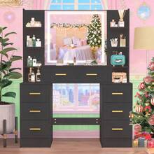 Dressing Table Makeup Vanity Black With Mirror LED Lights 7 Drawers & Shelves - 黑色 - 查看 1