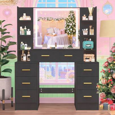 Dressing Table Makeup Vanity Black With Mirror LED Lights 7 Drawers & Shelves