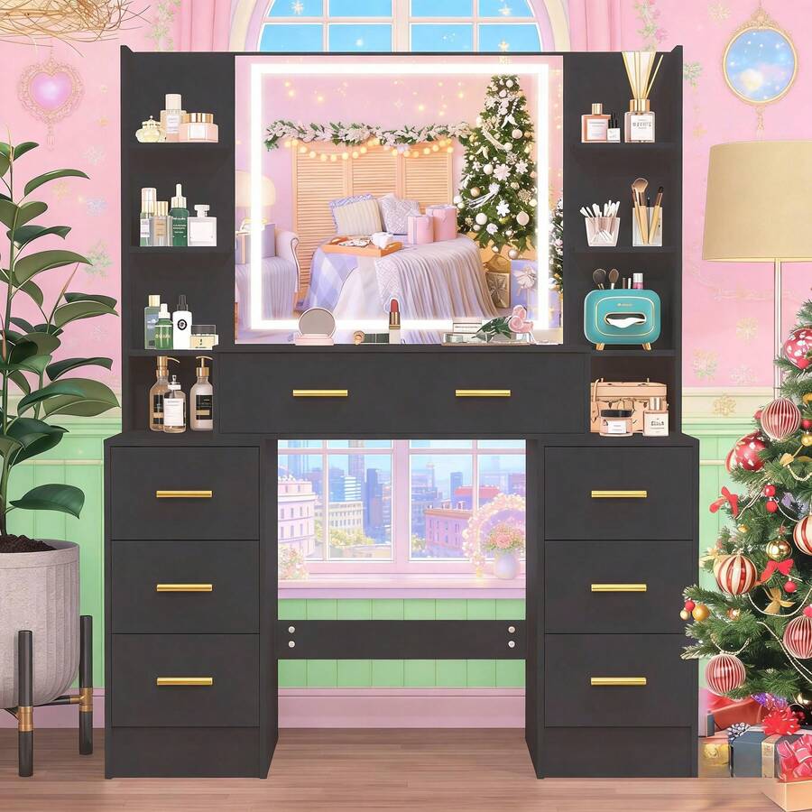 Dressing Table Makeup Vanity Black With Mirror LED Lights 7 Drawers & Shelves - 黑色 - 查看 1