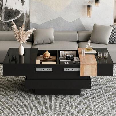 Square Coffee Table, 70 X 70 X 39 Cm, Extendable, With Concealed Storage, Color Block Design, Glossy Side Table, Black, MDF