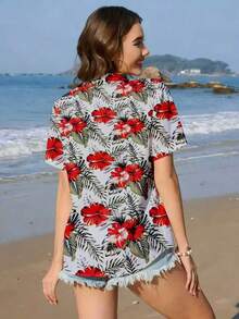 Floral Print Button Front Shirt, Casual Short Sleeve Collared Blouse For Women, All-Over Flower & Leaf Print Pattern Vacation Summer - White Multicolor - View 2