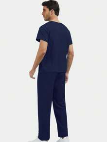 Scrubs Set For Men V-Neck Nursing Scrub Top And Pant Working Uniform Elastic Waistband With 8 Pocket