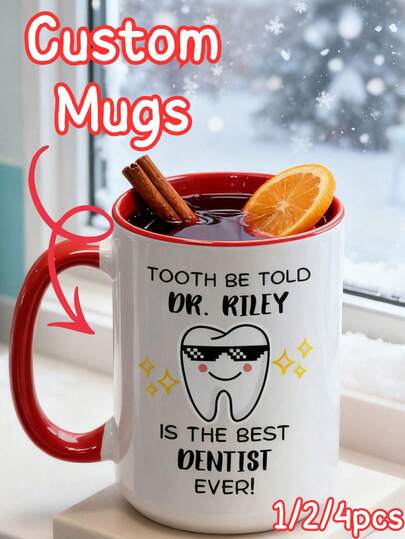 1/2/4 Customized Dentist Thank You Mug, Personalized "Tell Your Teeth" Funny Dental Cup, Doctor Name Customized Ceramic Coffee Mug, 11/15 Oz Humorous Dental Clinic Gift, Thank You Gift For Dental Professionals, Funny Dental Assistant Creative Gift, Humorous Mug, Fun Gift Cup, Cute Design, Customizable Name