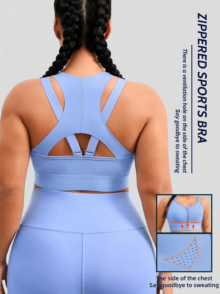 1 Stück Sport-BH-Tanktop in Große Größen für alle Jahreszeiten mit Frontreißverschluss, Cut Out Rückendesign mit verstellbaren Trägern, Rückenstütze, Brustlift und Korrektur von Hängung, Fitness-BH - Blau - Übersicht 1
