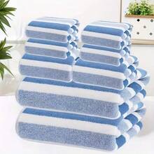 8pcs Set, No Hair Loss, Super Absorbent, Super Soft Two-Color Striped Interval Bath Towel Combination, Including 2 Large Bath Towels, 2 Large Face Towels, 4 Hand Towels - 藍色 - 查看 1