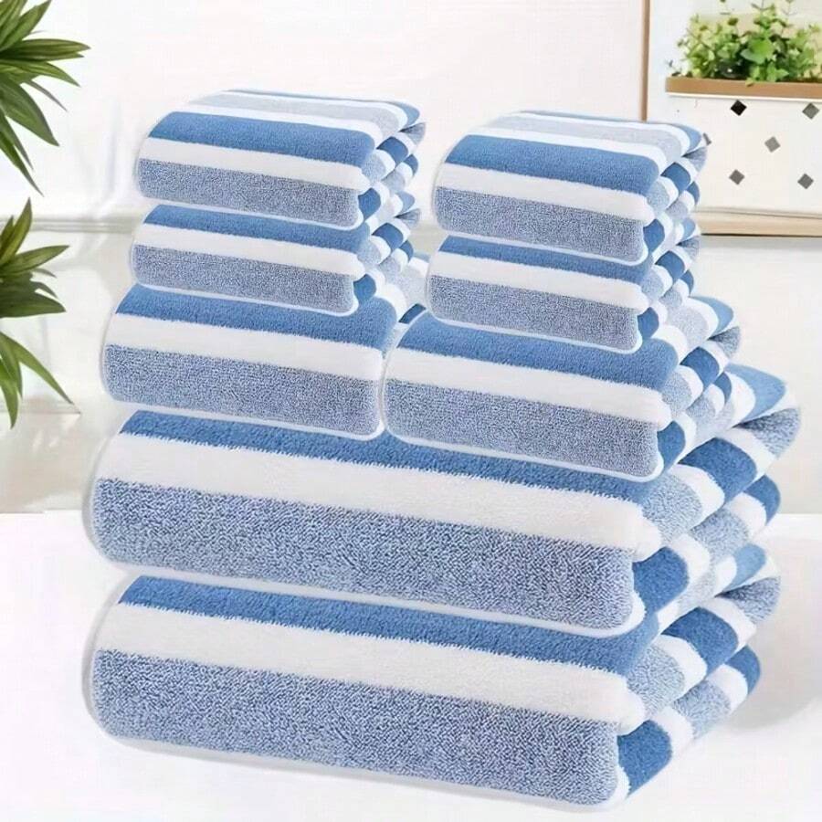 8pcs Set, No Hair Loss, Super Absorbent, Super Soft Two-Color Striped Interval Bath Towel Combination, Including 2 Large Bath Towels, 2 Large Face Towels, 4 Hand Towels - 藍色 - 查看 1