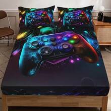 时尚酷炫游戏手柄数码印花三件套床上用品（2个枕套+1个床笠），适合卧室家居使用 - 彩色 - 查看 4