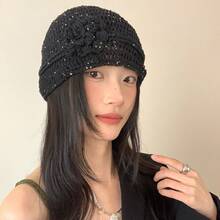 Women's Crochet Cap With Floral Accents, Cute And Sheer, Simple Design For Spring And Summer, Beige - Black - View 13