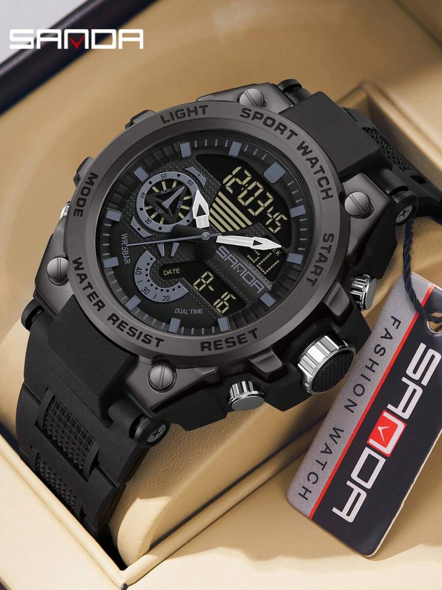 SANDA 3302 Men's LED Digital Quartz Watch, Waterproof Outdoor Sports Multifunctional Dual Display Electronic Watch