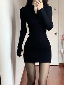 De manga larga vestido de abajo las mujeres dentro de la primavera, otoño e invierno nuevo sexy picante pequeño Slim zip paquete cadera falda corta vestidos elegantes para dama - Negro - Ver 3