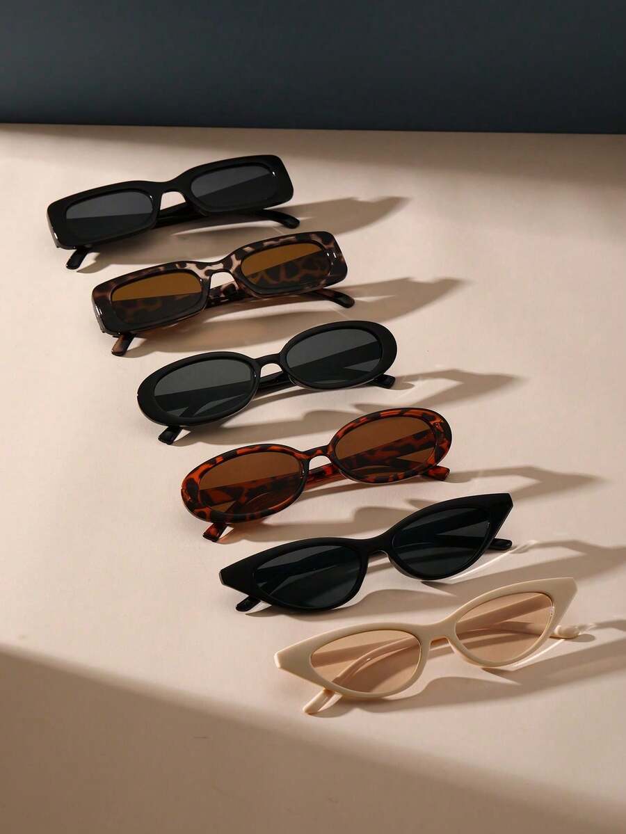 6pcs Geometric Frame Multi-Color Lens Bohemian Style Sexy Retro Women's Fashion Sunglasses, Suitable For Travel, Vacation, Outdoor Party, And Daily Wear - 6pcs 黑米豹紋 - 查看 1