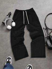 Plus Size Men's Loose Straight Leg Sweatpants, Casual Joggers For Spring Autumn, Suitable For Running, Workout, School, Gym, Outdoor, Jogging, Minimalist Streetwear, Versatile For All Seasons Black - Black - View 1