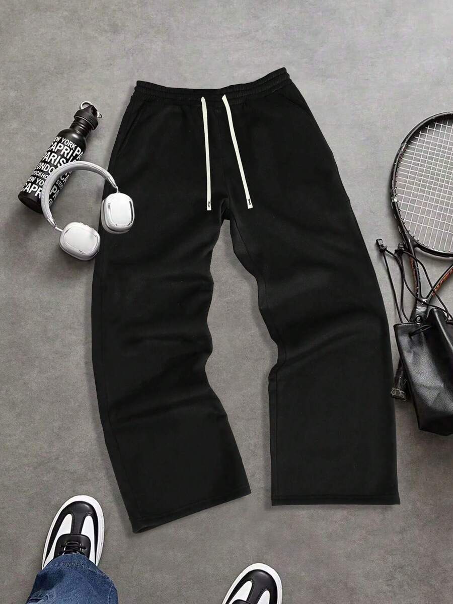 Plus Size Men's Loose Straight Leg Sweatpants, Casual Joggers For Spring Autumn, Suitable For Running, Workout, School, Gym, Outdoor, Jogging, Minimalist Streetwear, Versatile For All Seasons Black - Black - View 1