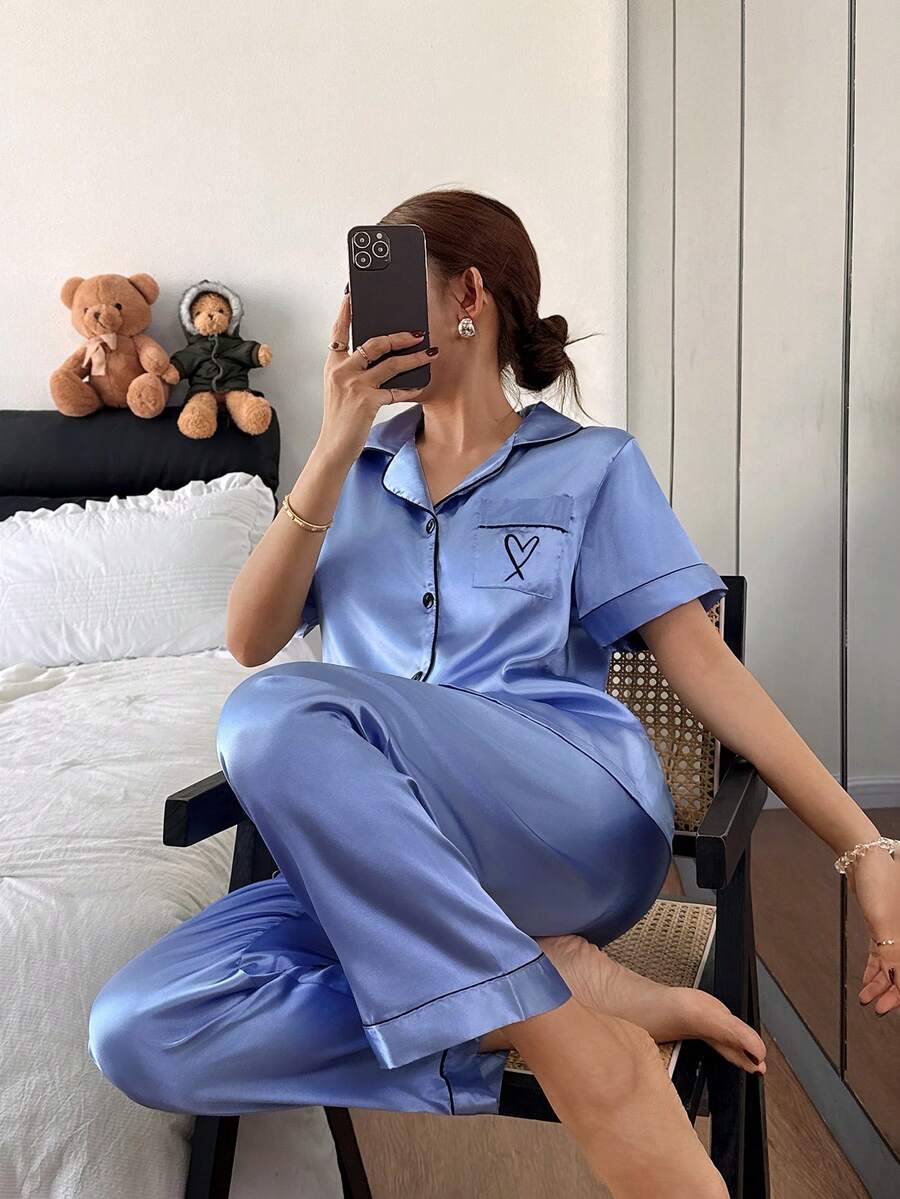 女士刺绣爱心睡衣套装，短袖上衣和裤子，蓝色 - 藍色 - 查看 1