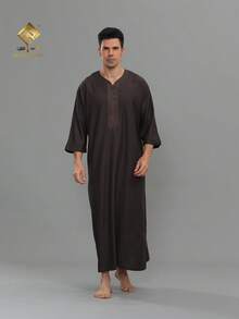AL HARAMAIN Jubah Sholat Pria AL HARAMAI yang Sederhana dan Modis, Jubah Panjang Pria yang Elegan - Jubah Sholat Lengan Tiga Perempat yang Lembut, Dapat Dicuci dengan Mesin, Cocok untuk Dipakai Sepanjang Tahun, Cocok untuk Ramadan dan Acara Formal | Desain Leher Bulat | Kain Halus | - Coklat - View 3