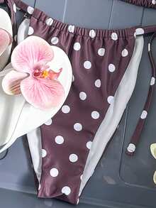 女士波点印花两件式泳衣，系带露背细肩带三角上衣，侧系带泳裤，可爱风格，适合度假海滩穿着 - 酒紅色 - 查看 5