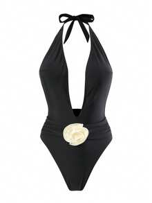 Elegant Solid Color Sexy Backless 3D Floral Knitted Fabric Beach Swimsuit - Black - View 6