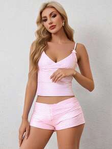 Women Pajamas Set 2 Pieces Loungewear Suits Stripe V-Neck Sleeveless Cami Tops And Shorts Sleepwear Outfits - 粉色 - 查看 3