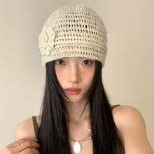 Women's Crochet Cap With Floral Accents, Cute And Sheer, Simple Design For Spring And Summer, Beige - Black - View 5
