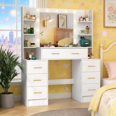 Dressing Table With Drawers Mirror & Lights Set Makeup Desk Vanity Table Bedroom - Perfect For Organizing Makeup, Skincare, Vanity Furniture, Compact For Small Space, Bedroom Decor Gift , Suitable For Christmas And Halloween Decorations