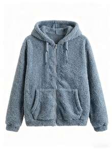 Drawstring Hooded Sweatshirt Style Plush Coat, Versatile European And American YK2 Style Fashionable Casual Versatile Women's Hooded Warm Cardigan Plush Top, Sweet And Spicy Style Jacket, High-End Feel, Warm Autumn And Winter New Street College Style Comfortable And Warm Plush Coat Women's Long-Sleeved Top, Spring And Autumn New Arrivals Outing Top, Cotton Women's Top, Women's Street Clothing Sports Top Women's Clothing, Casual And Comfortable Silhouette, Soft And Warm Fur, Blue Top, Autumn And Winter New Fleece-Lined, Jacket, Abrigos Mujer De Invierno, Plumifero Mujer, Anorak De Mujer, Abrigos Mujer De Invierno>Elegante, Plumas Mujer Abrigo, μπουφάν, Winterjas, Bodywarmer, Abrigo, Giubbotto Donna Invernale Curvy, Outfit Capodanno, Solid Color, Loose Fit Fashionable Women's Top - Blue - View 7