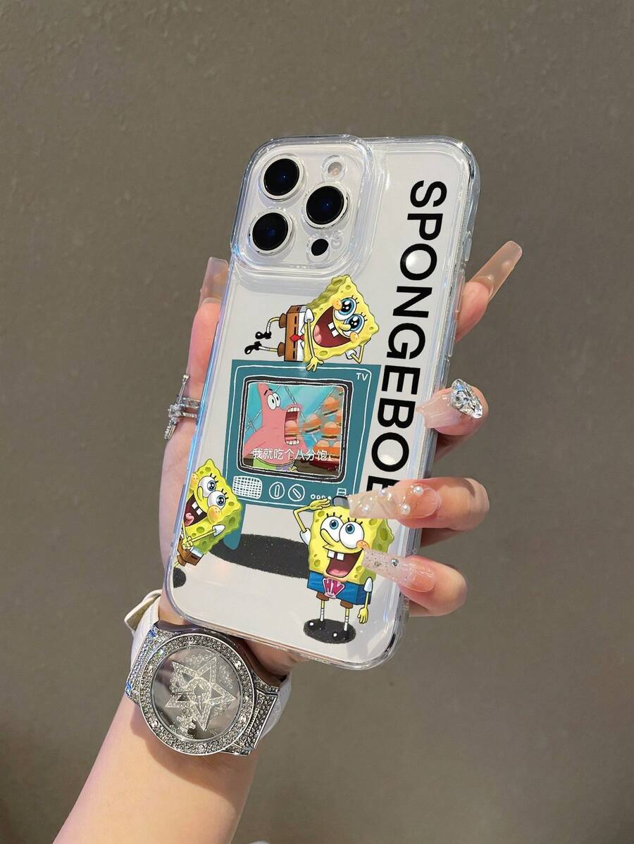 SpongeBob SquarePants 1pc Transparent Space Case Cartoon Spongebob & Letter Pattern Shockproof Phone Case Cover Compatible With Samsung/Apple 17/16/15/14/13/12/11Pro Max/12Pro/14Plus And Other Models - Multicolor - View 1