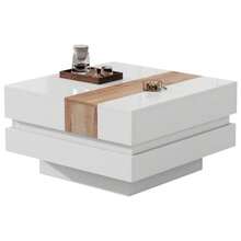 Mesa auxiliar de alto brillo de 70*70*39 cm con tablero extensible, mesa de centro cuadrada con almacenamiento oculto y divisores, blanco + color primario - Blanco - Ver 7