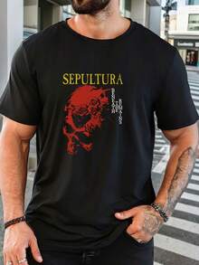 Men's--Shirt With Sepultura Motif - Casual Round Neck. Short Sleeves. Summer--Shirt In Bold Red; Black Design. Lightweight Cotton. Regular Fit. Music Fan Clothing. Graphic--Shirt. Comfortable Fit. - 黑色 - 查看 1