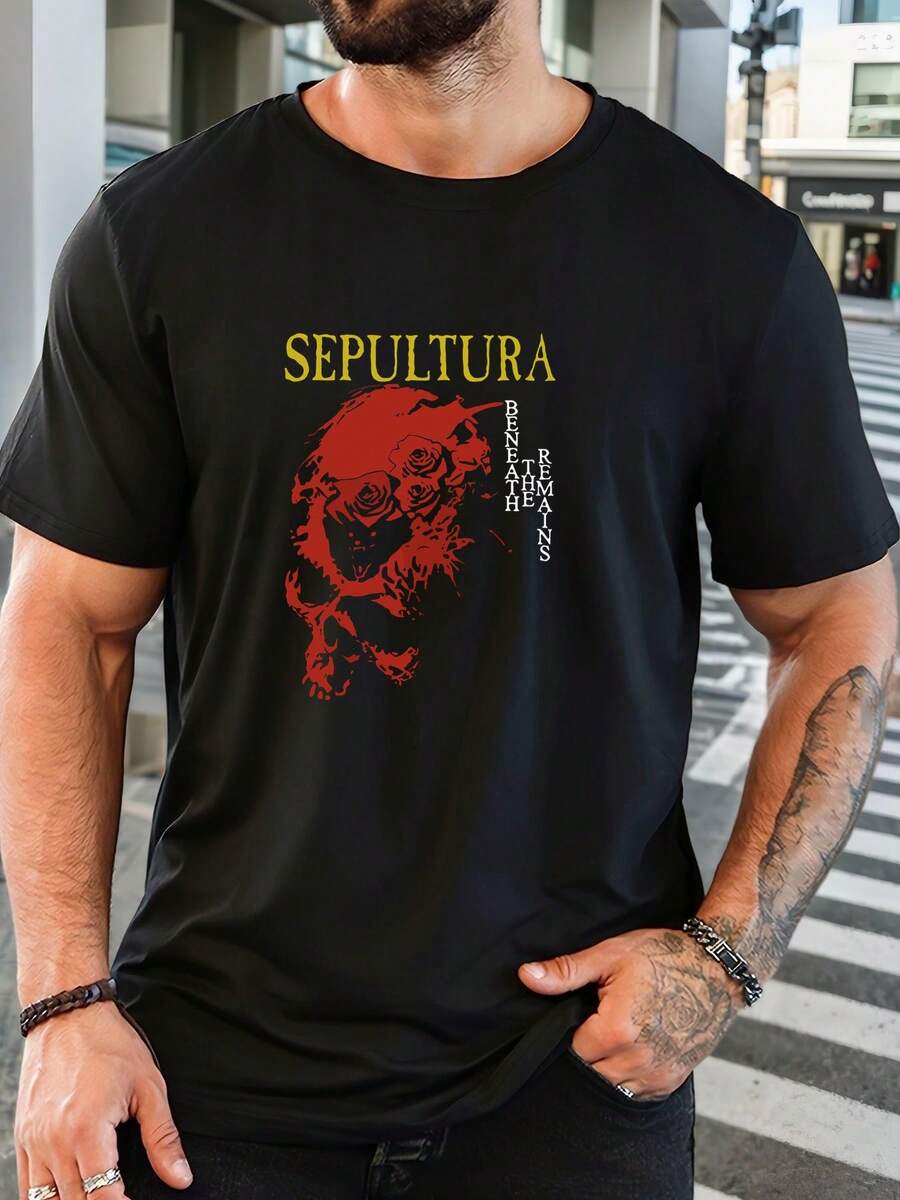 Men's--Shirt With Sepultura Motif - Casual Round Neck. Short Sleeves. Summer--Shirt In Bold Red; Black Design. Lightweight Cotton. Regular Fit. Music Fan Clothing. Graphic--Shirt. Comfortable Fit. - 黑色 - 查看 1