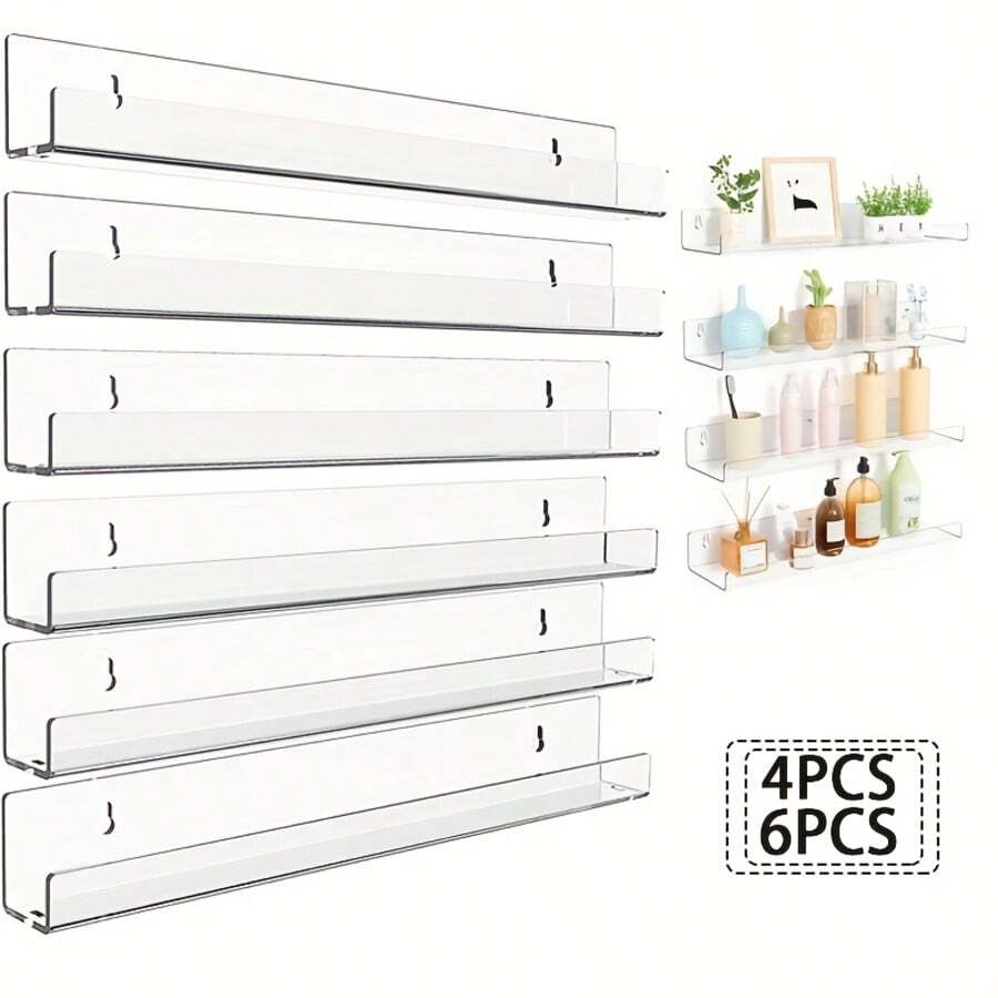 6pcs Modern Acrylic Wall Mounted Shelves - Transparent Space-Saving Bookshelf, Matte Finish Easy Installation, Suitable For Bathroom, Bedroom, Kitchen Minimalist Decor - Multicolor - View 1