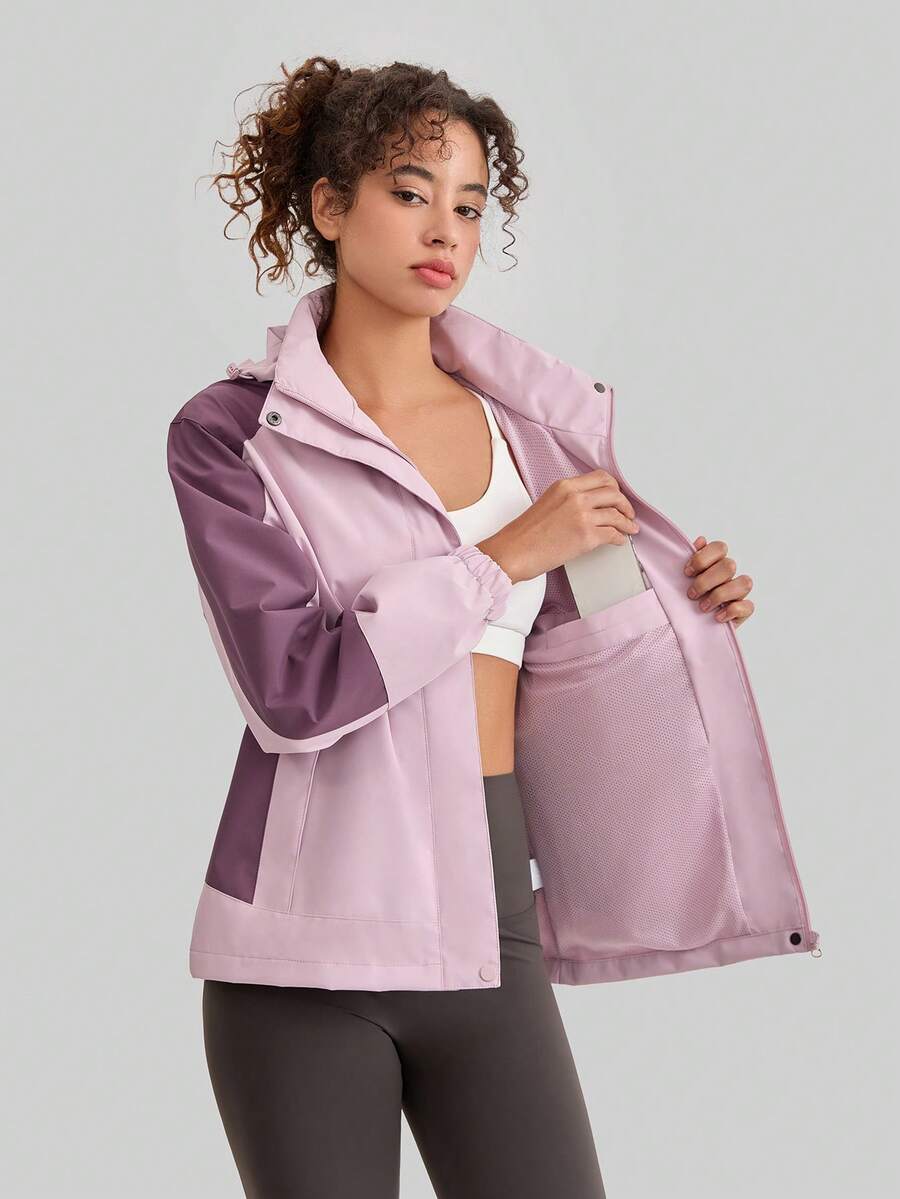 1 件女士拼色春秋风衣，户外运动防风防水轻便夹克，长袖