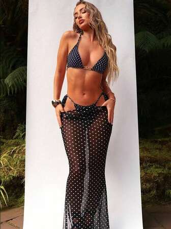 女士迷人波点印花三角比基尼套装，配透明系带长裙泳衣
