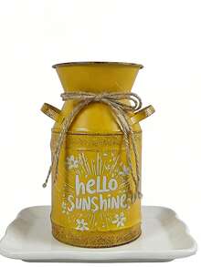 Turmeric-Colored Metal Decorated Milk Jar Vase, Vintage Distressed Iron With Jute Rope Tie, Printed With "Hello Sunshine" Text And Floral Pattern, Brings Fresh And Vibrant Atmosphere. Can Be Used As A Vase For Spring Branches And Dried Flowers, Or As A Storage Jar, Suitable For Desk, Windowsill Decor, Spring Home And Store Display. - Yellow Double-handled Milk Jug - View 12