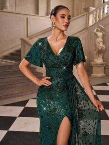 Robe longue moulante femme à col V, manches courtes, patchwork de sequins et fente haute